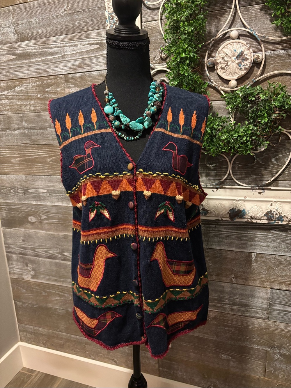 Women’s (Size M/L) 90s Navy Folk Art Duck Motif Sweater Vest